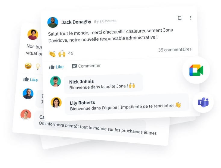 Happeo propose une expérience collaborative dans votre entreprise par le biais de communautés où vos employés peuvent publier, partager, liker, commenter, et taguer des posts.